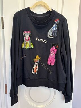 Black Crewneck Sweatshirt with Colorful Dog Patch Appliqués
